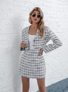 SHEIN Unity Lapel Collar Plaid Crop Jacket & Skirt Set - Black and White - View 1