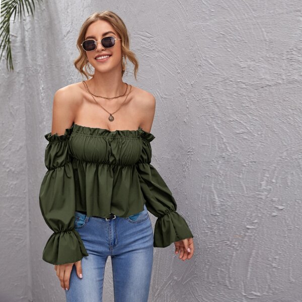 

Flounce Sleeve Bardot Peplum Top, Army green