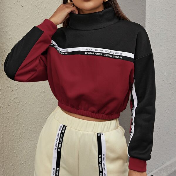 

Funnel Neck Slogan Tape Detail Colorblock Pullover, Multicolor