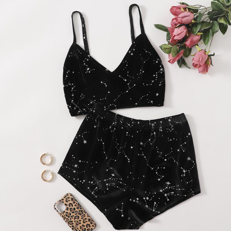 

Star Pattern Velvet Lounge Set, Black