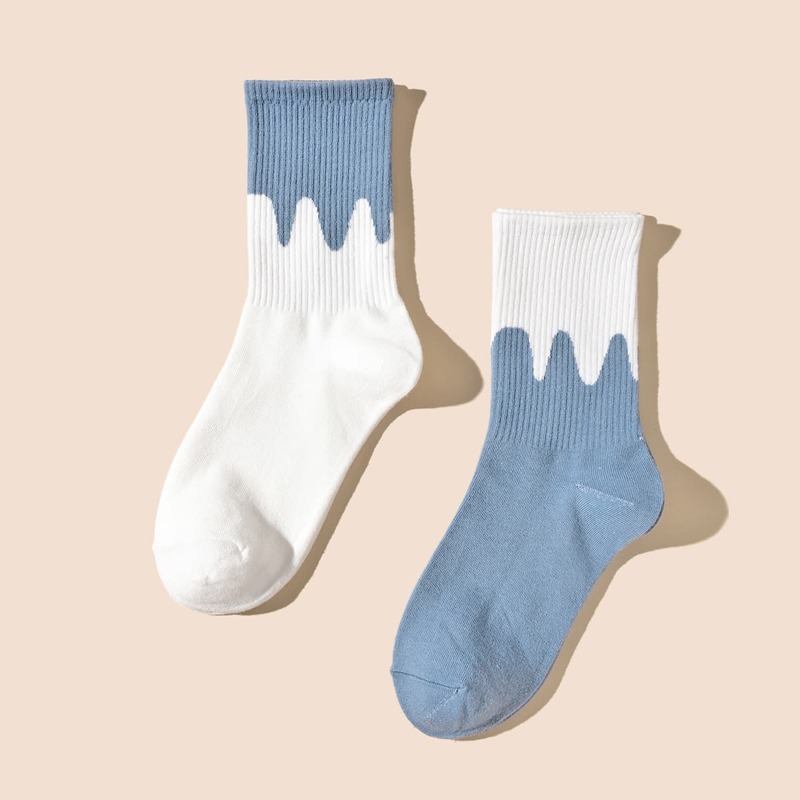 

2pairs Colorblock Crew Socks, Blue and white