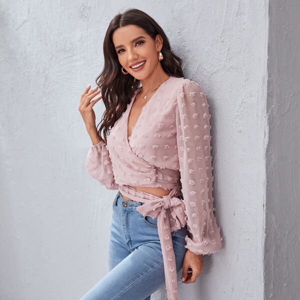 

Wrap Tie Side Swiss Dot Top, Dusty pink
