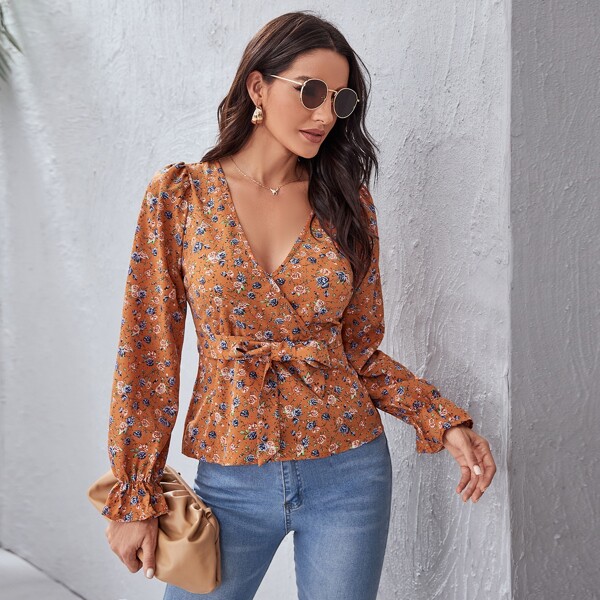 

Surplice Neck Belted Ditsy Floral Peplum Top, Brown
