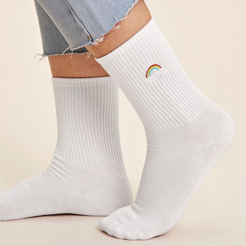 

Rainbow Embroidery Crew Socks, White