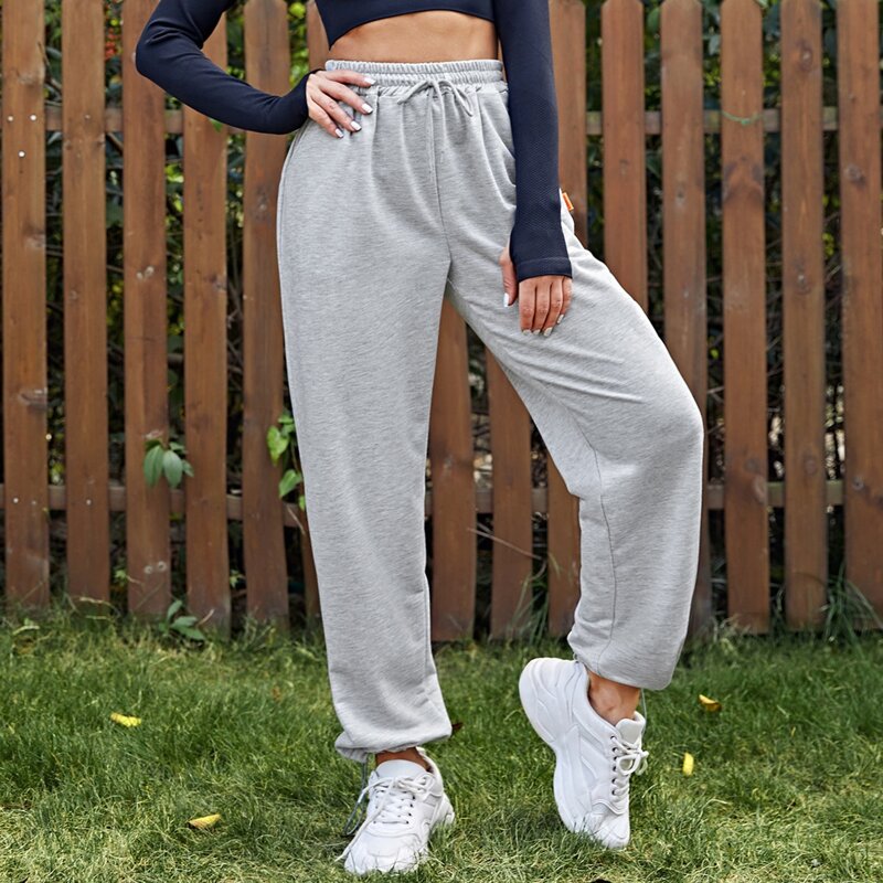 

Letter Patched Drawstring Waist Sports Pants, Light grey