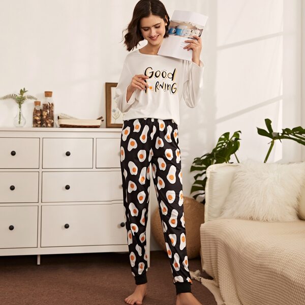 

Cartoon & Slogan Graphic Pajama Set, Black and white