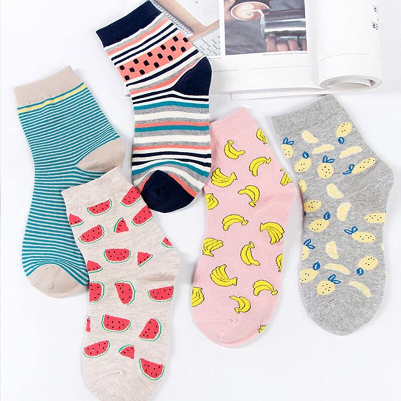 

5pairs Striped & Fruit Crew Socks, Multicolor