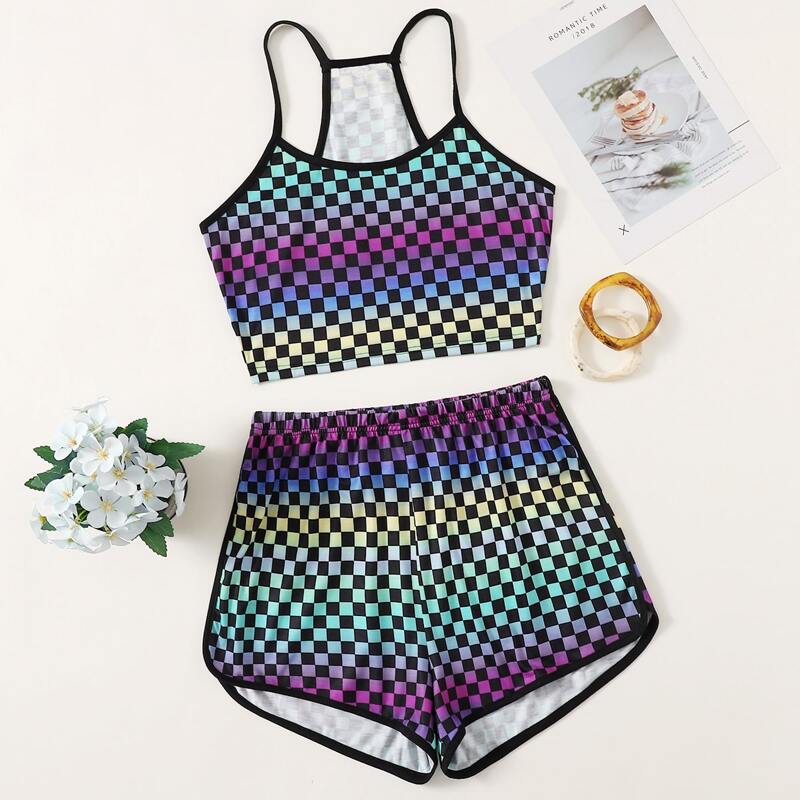 

Colorful Checkerboard Print PJ Set, Multicolor