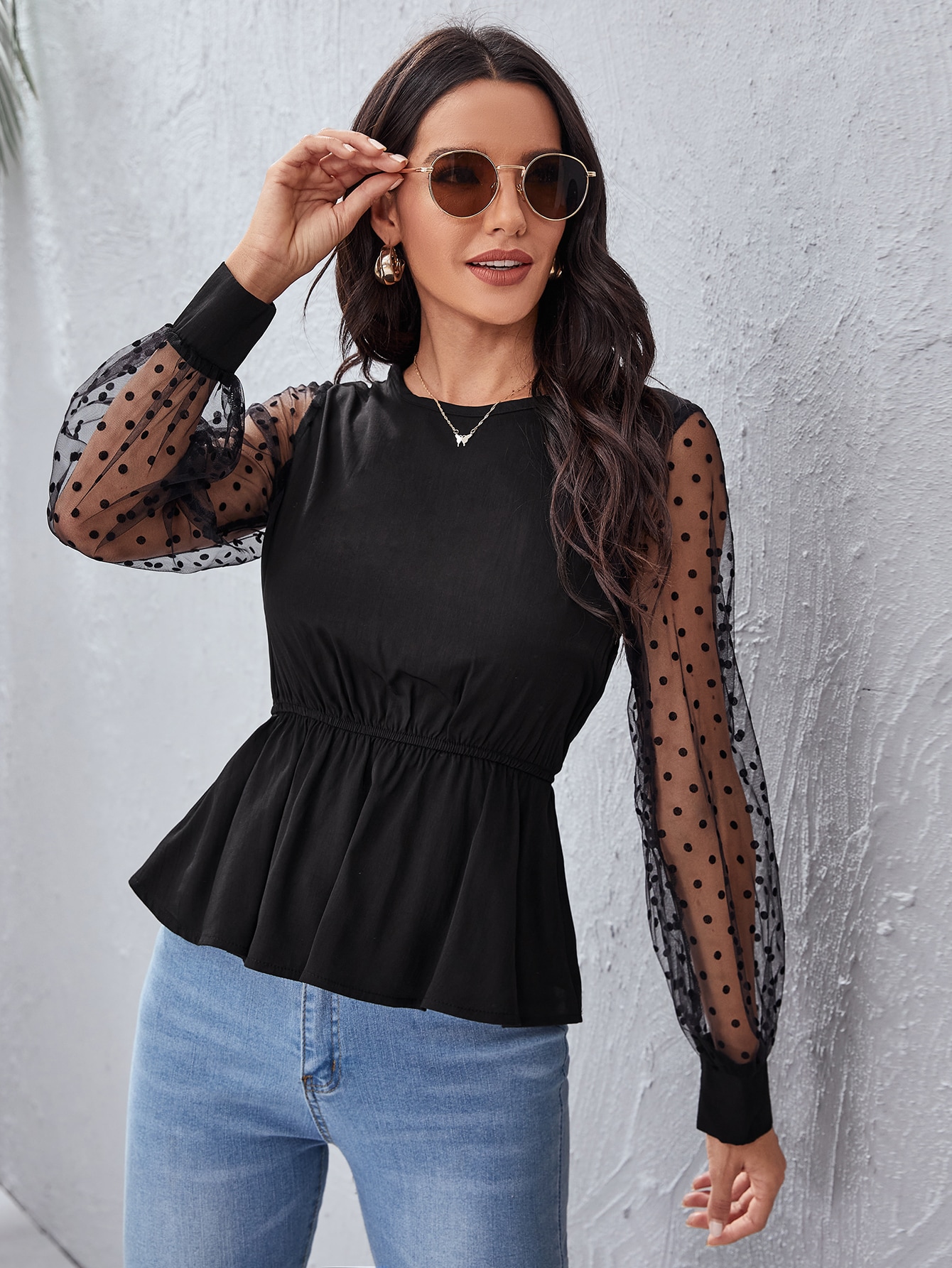 Polka-dot Mesh Sleeve Peplum Top thumbnail