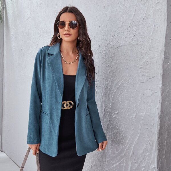 

Single Button Solid Blazer, Dusty blue