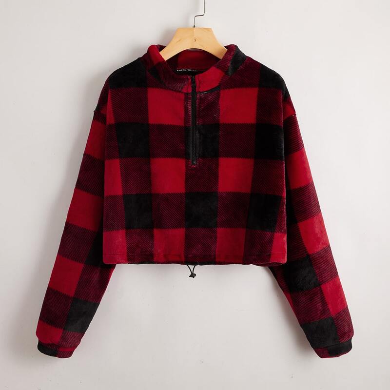 

Half Zip Drawstring Hem Gingham Teddy Sweatshirt, Multicolor