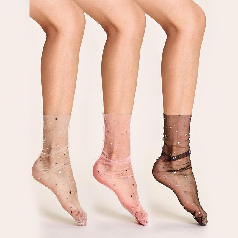 

3pairs Star Sequin Mesh Socks, Multicolor