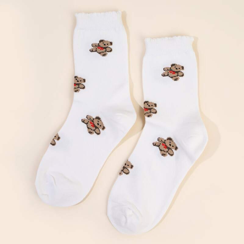 

Cartoon Bear Crew Socks, White