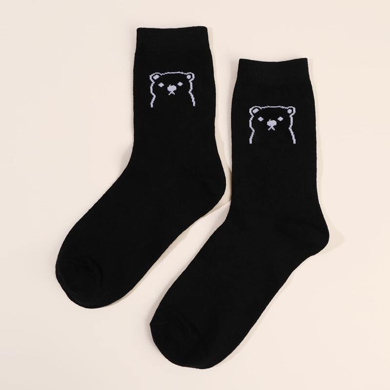 

Cartoon Bear Crew Socks, Black