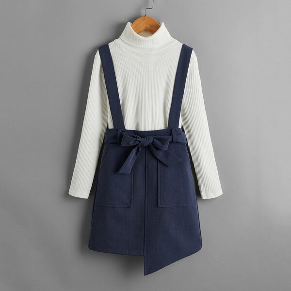 

Girls Turtle Neck Top & Asymmetrical Hem Pinafore Skirt Set, Multicolor