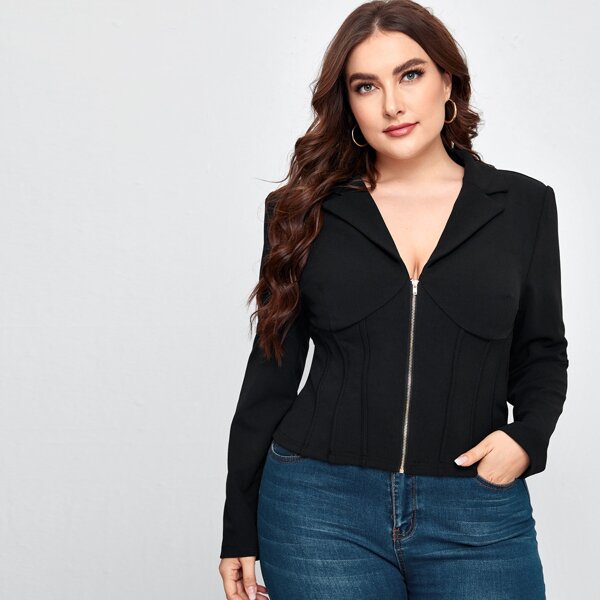 

Plus Notched Collar Seam Front Blazer, Black