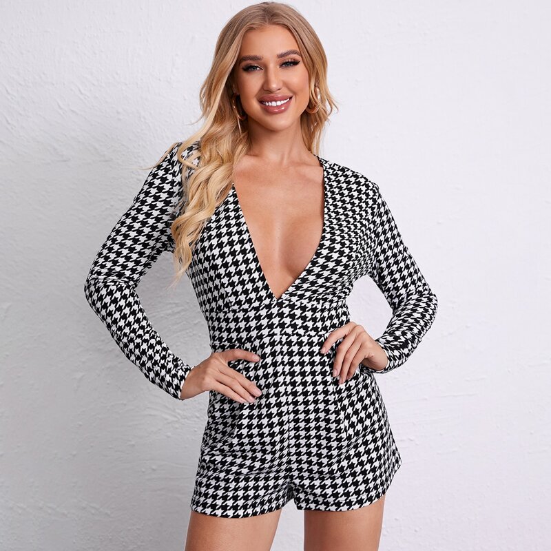 

Plunging Houndstooth Print Romper, Black and white