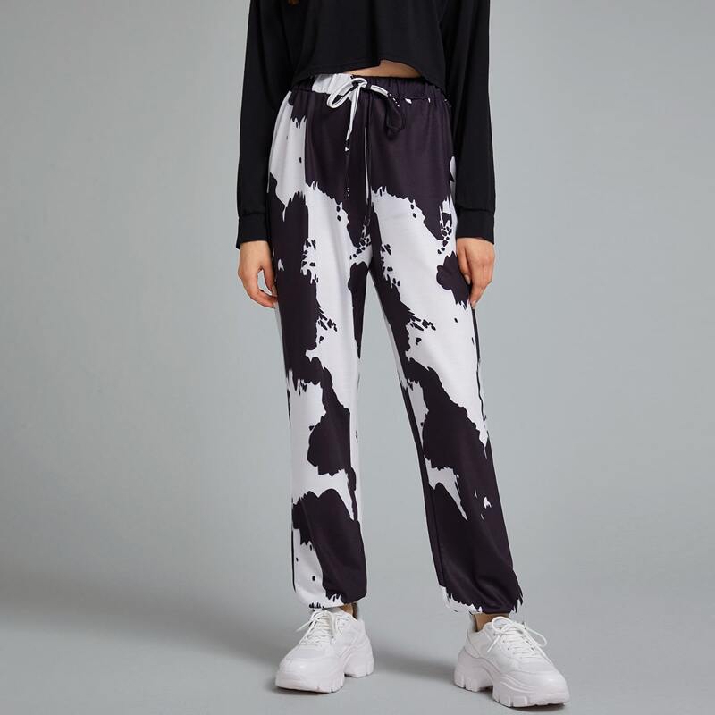 

All Over Print Drawstring Joggers, Black and white