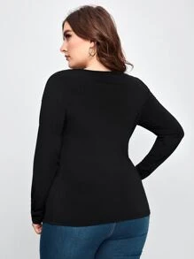 SHEIN Privé Plus Rhinestone Sheer Mesh Yoke Tee - Black - View 2