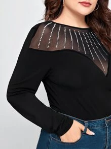 SHEIN Privé Plus Rhinestone Sheer Mesh Yoke Tee - Black - View 4