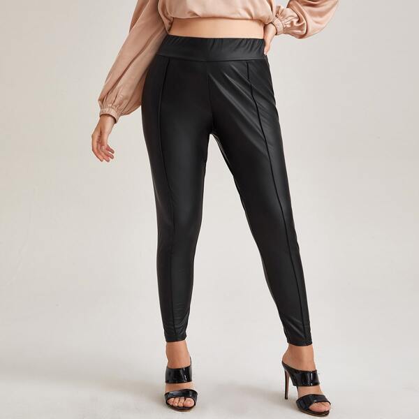 

Plus Seam Front Leather Look Pants, Black