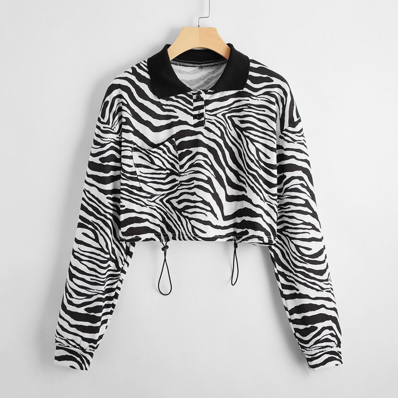 

Polo Neck Zebra Stripe Crop Tee, Black and white