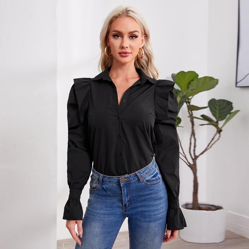 

Single Breasted Bell Sleeve Blouse, Black