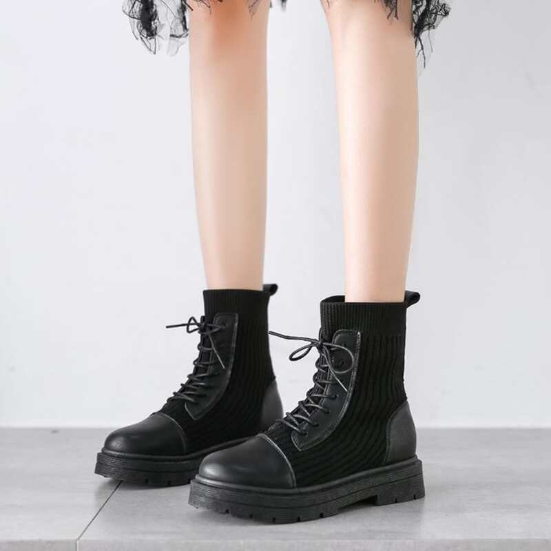 

Lace Up Knit Boots, Black