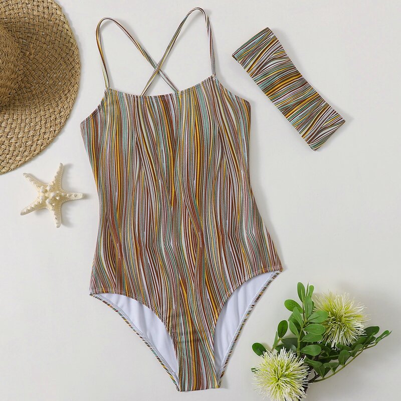 

Allover Print One Piece Swimsuit With Headband, Multicolor