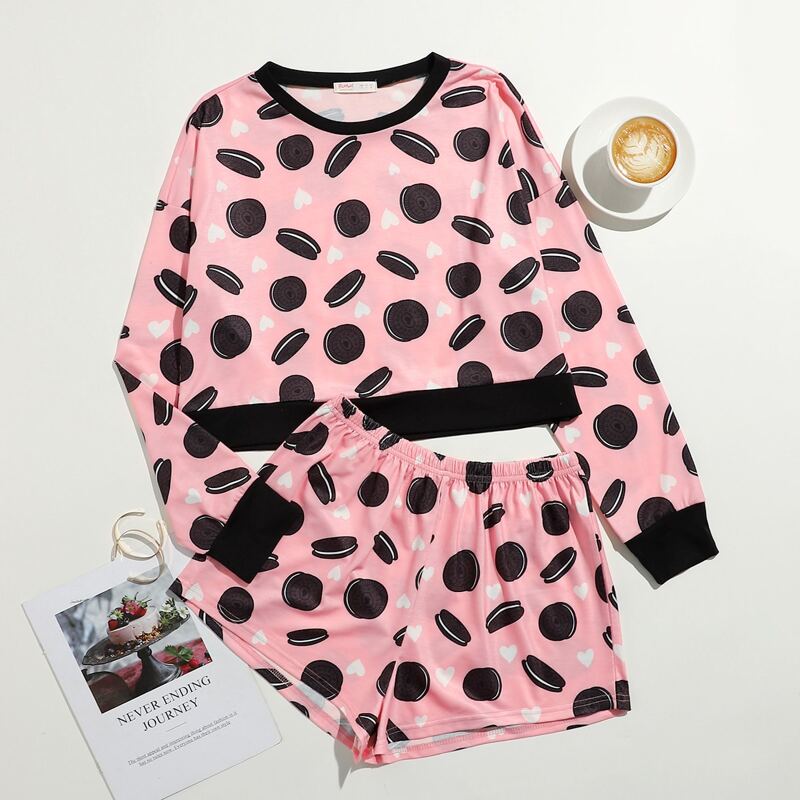 

Cookies Print Shorts PJ Set, Multicolor
