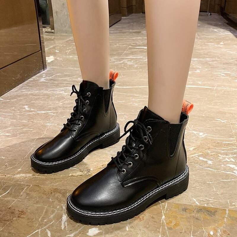 

Stitch Trim Lace Up Boots, Black