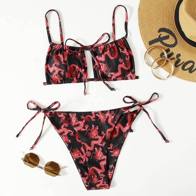 

Chinese Dragon Print Tie Side Bikini Swimsuit, Multicolor