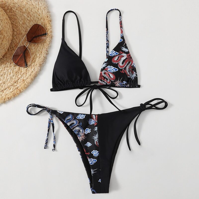 

Contrast Chinese Dragon Print Tie Side Bikini Swimsuit, Multicolor