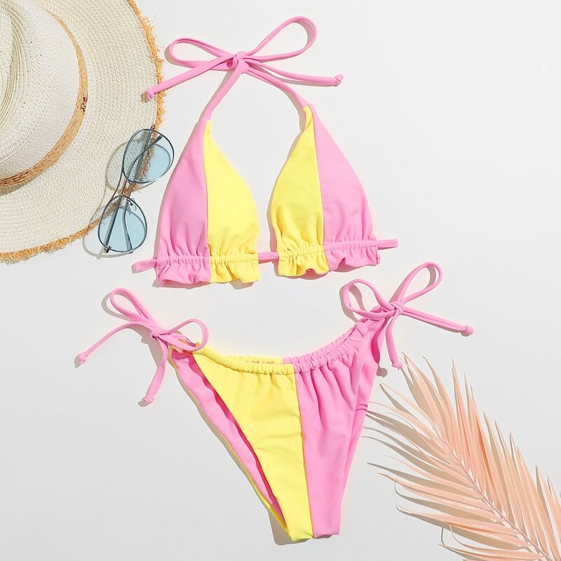 

Colorblock Tie Side Bikini Swimsuit, Multicolor