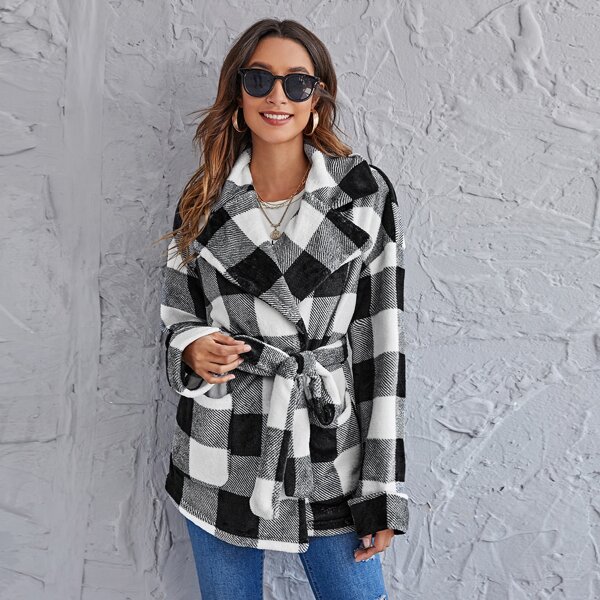 

Notch Collar Buffalo Plaid Self Belted Flannel Coat, Black and white