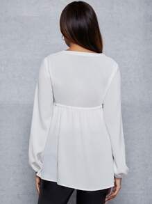 SHEIN Maternity Notch Neck Drawstring Waist Peplum Blouse With Long Sleeve - White - View 2