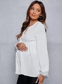SHEIN Maternity Notch Neck Drawstring Waist Peplum Blouse With Long Sleeve - White - View 5