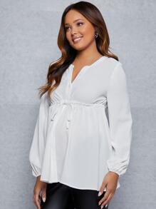 SHEIN Maternity Notch Neck Drawstring Waist Peplum Blouse With Long Sleeve - White - View 6