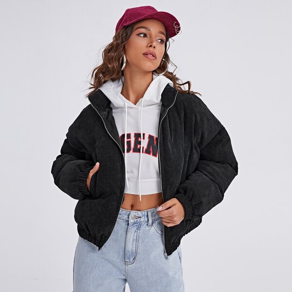 

Zipper Front Cord Puffer Jacket, Black