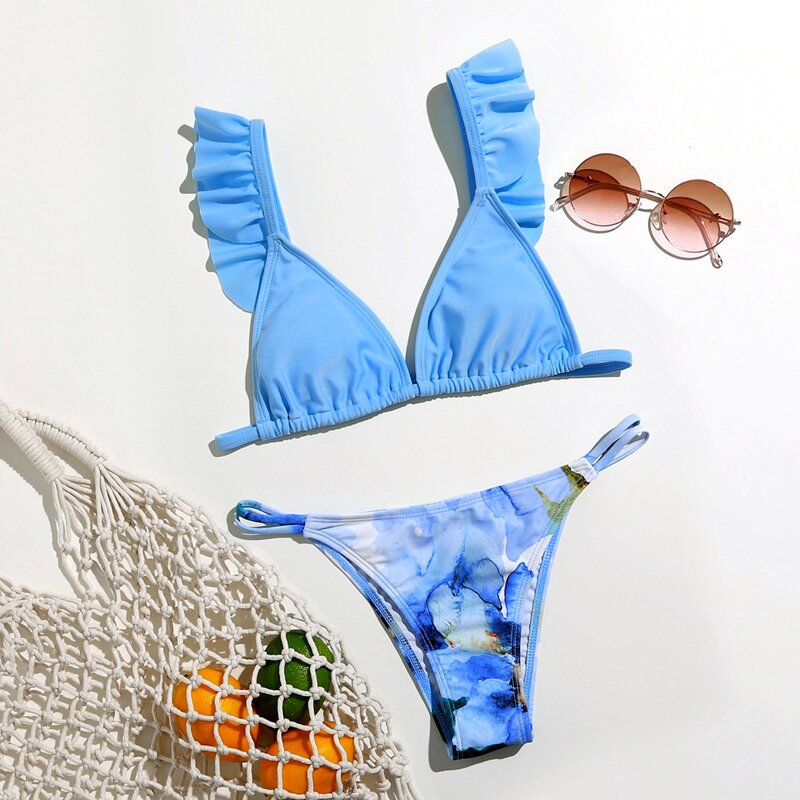 

Tie Dye Ruffle Triangle Bikini Swimsuit, Multicolor