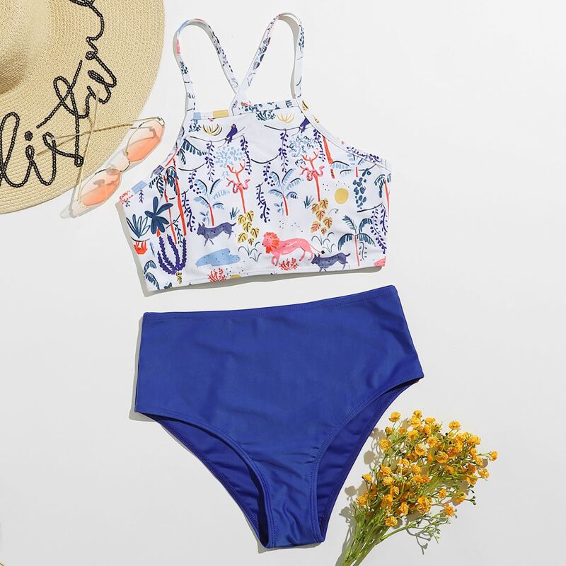 

Cartoon Print High Waist Bikini Swimsuit, Multicolor