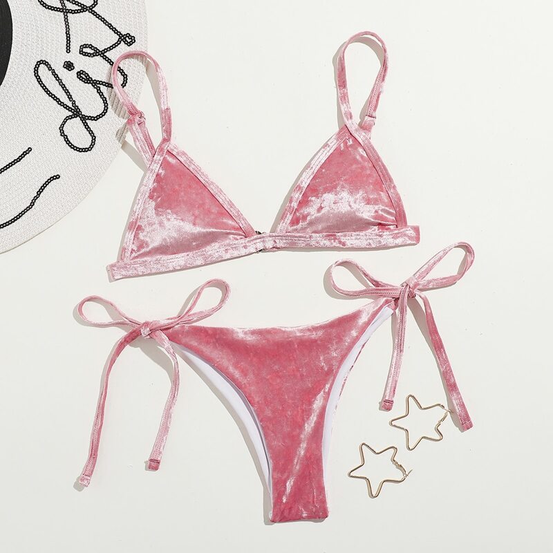 

Velvet Tie Side Bikini Swimsuit, Dusty pink
