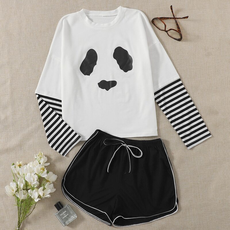 

Panda Print Striped Sleeve PJ Set, Black and white