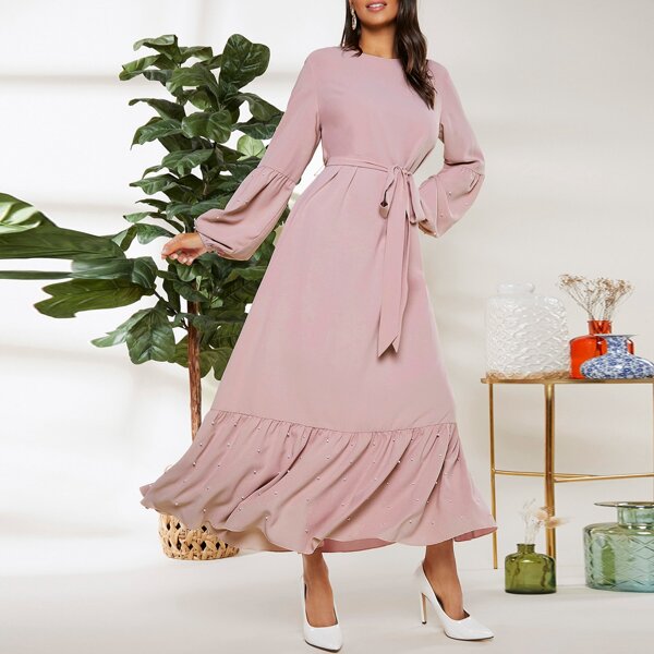 

Lantern Sleeve Flounce Hem Pearls Beaded Belted Dress, Dusty pink