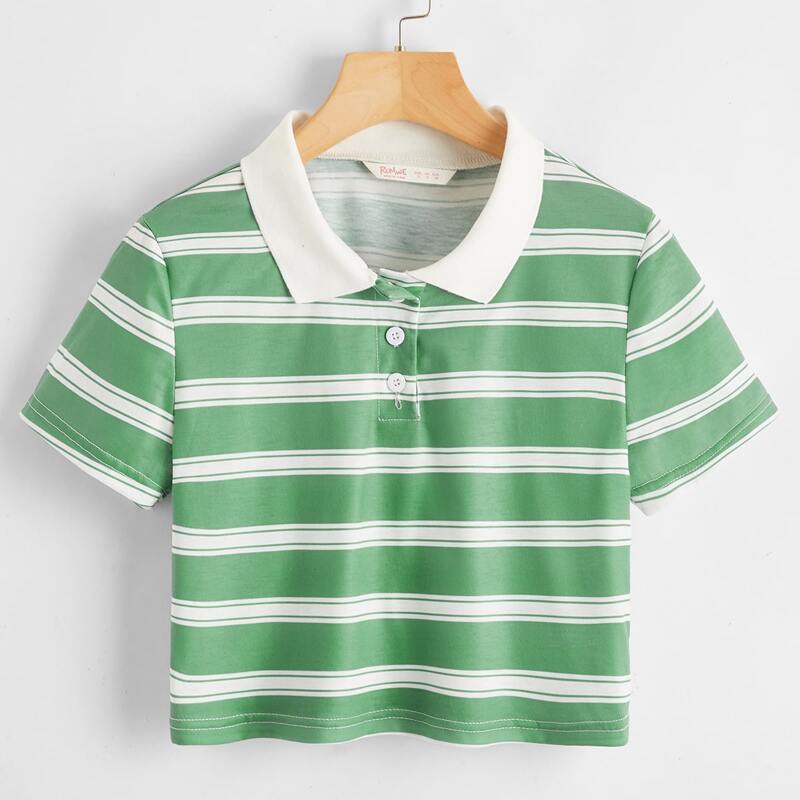 

Striped Polo Crop Tee, Green