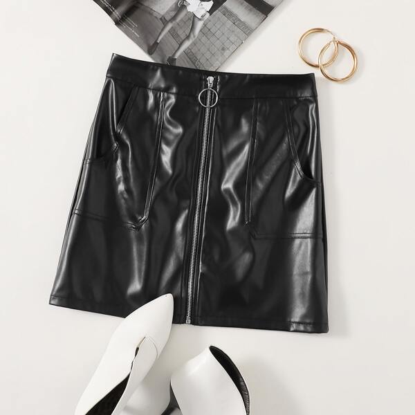 

O-ring Zip Up PU Leather Skirt, Black