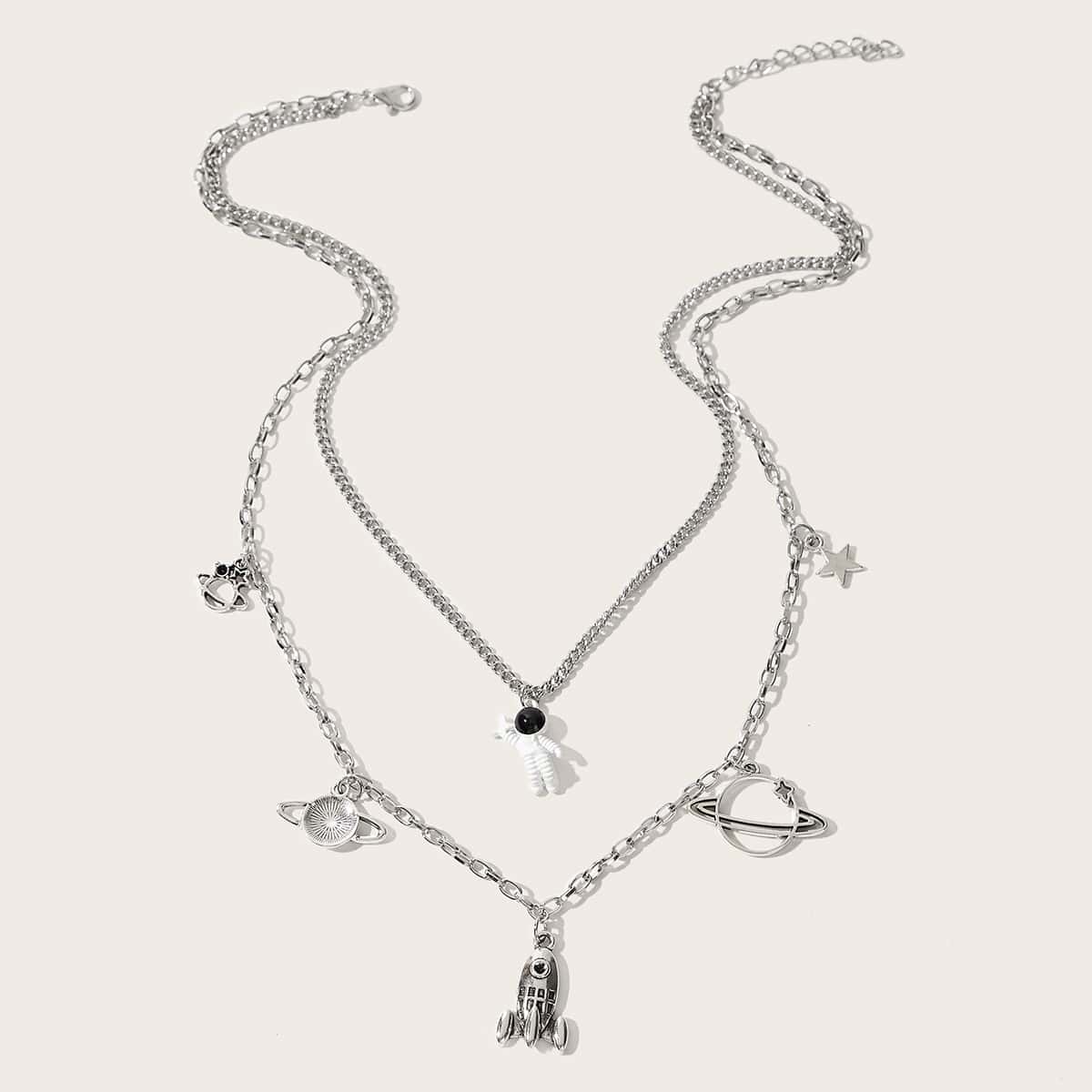 

Astronaut & Planet Layered Necklace, Silver