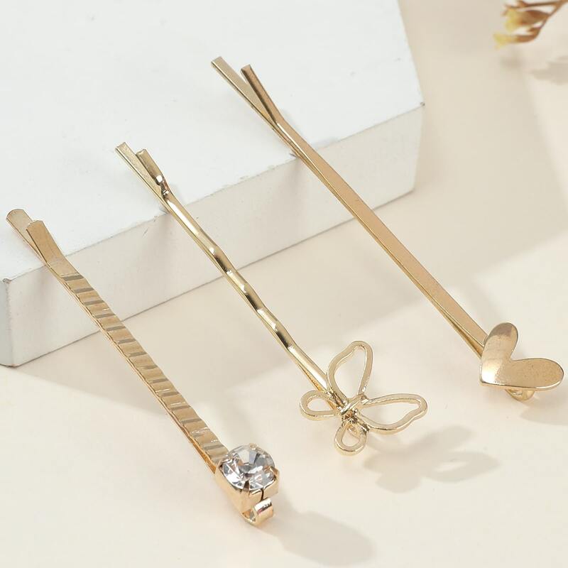 

3pcs Butterfly & Heart Bobby Pin, Gold