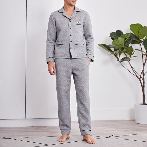 

Men Cartoon and Letter Embroidered Quilted Top and Pants PJ Set, Light grey