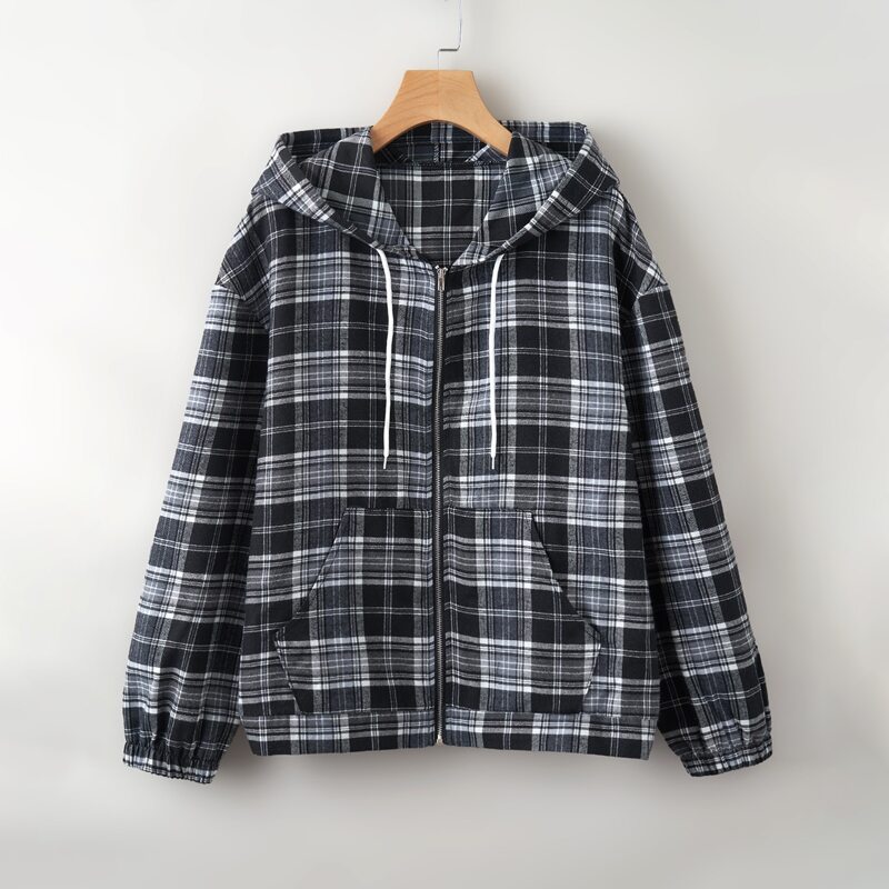 Plaid Zip Up Drawstring Jacket, Black and white